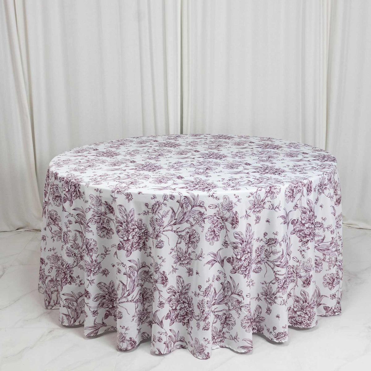 Polyester 120" Round Tablecloth White - Burgundy French Toile Pattern for Chic Weddings