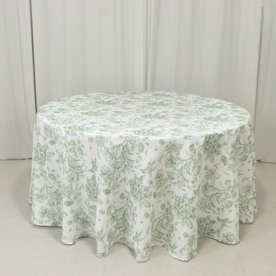 Elegant Style With The 120" White Dusty Sage Toile Round Polyester Tablecloth