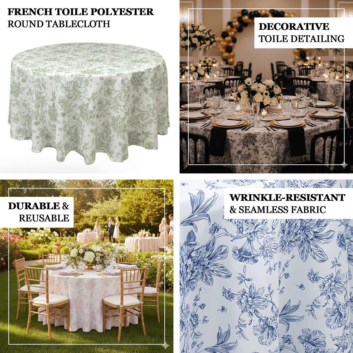 Polyester Round Tablecloth 120" French Toile Pattern - Sophisticated Table Cover