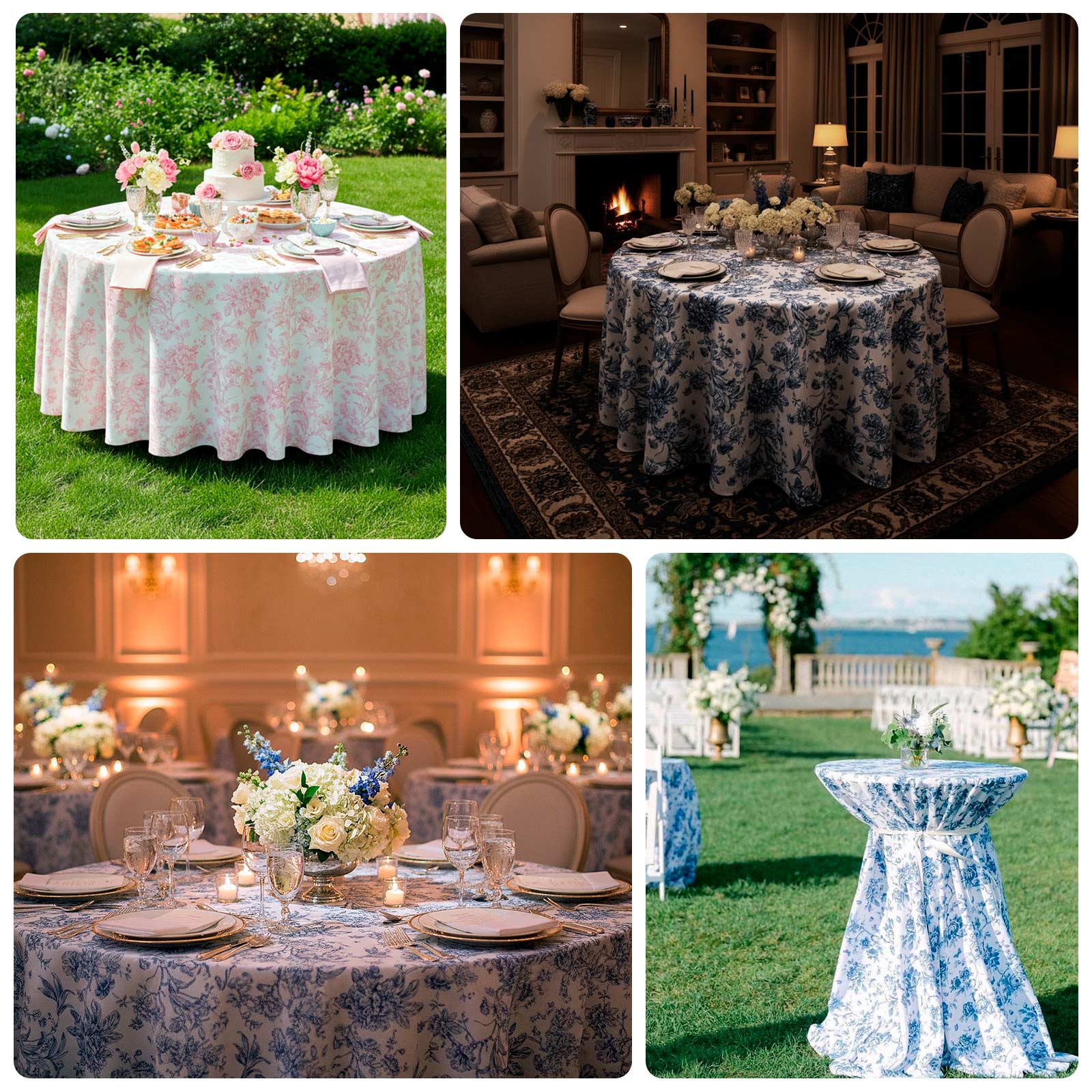 Polyester Round Tablecloth 120" French Toile Pattern - Sophisticated Table Cover