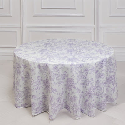 White with Lavender Lilac French Toile Pattern – 120" Round Polyester Tablecloth