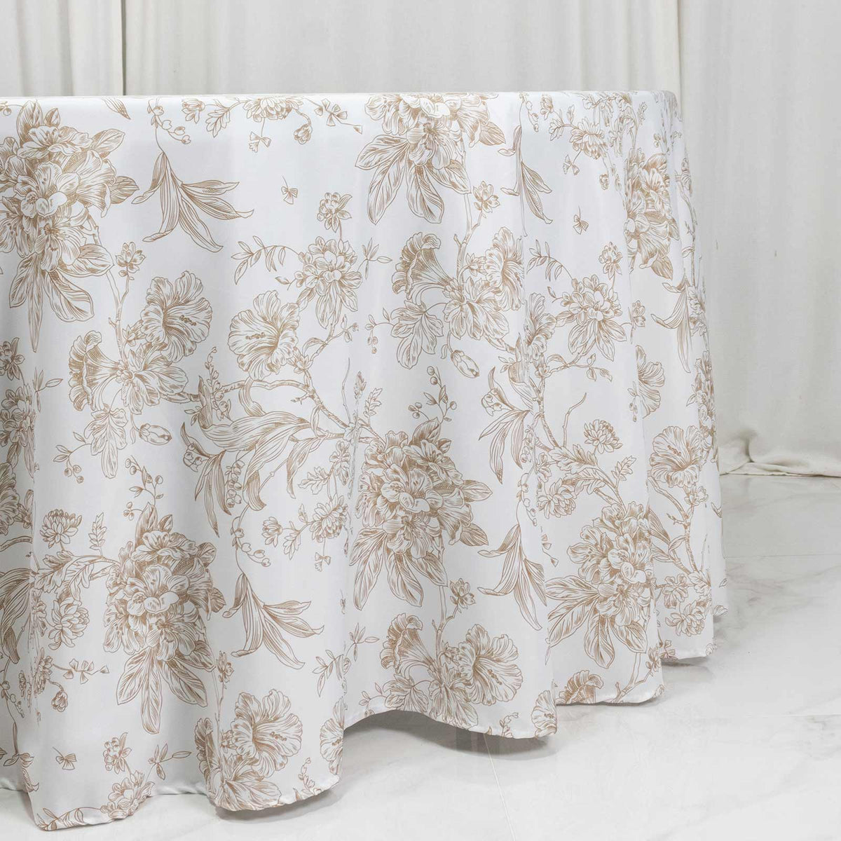 Polyester 120" Round Tablecloth White - Taupe French Toile Pattern for Chic Weddings
