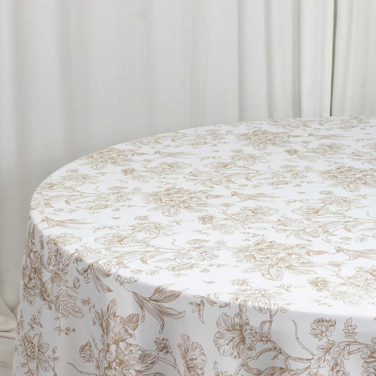 Polyester 120" Round Tablecloth White - Taupe French Toile Pattern for Chic Weddings