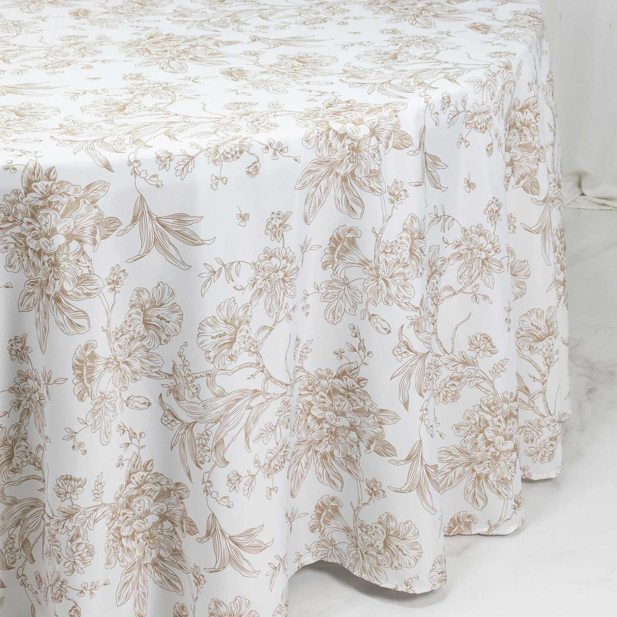 Polyester 120" Round Tablecloth White - Taupe French Toile Pattern for Chic Weddings