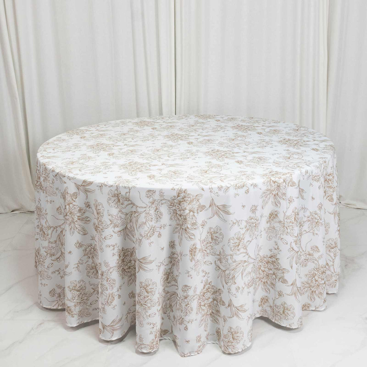 Polyester 120" Round Tablecloth White - Taupe French Toile Pattern for Chic Weddings