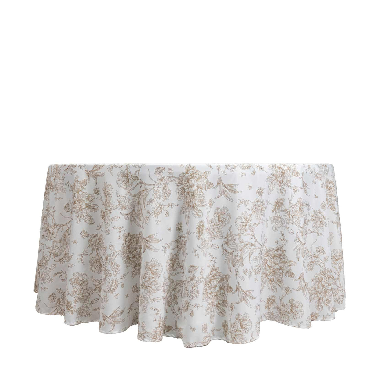 Polyester 120" Round Tablecloth White - Taupe French Toile Pattern for Chic Weddings