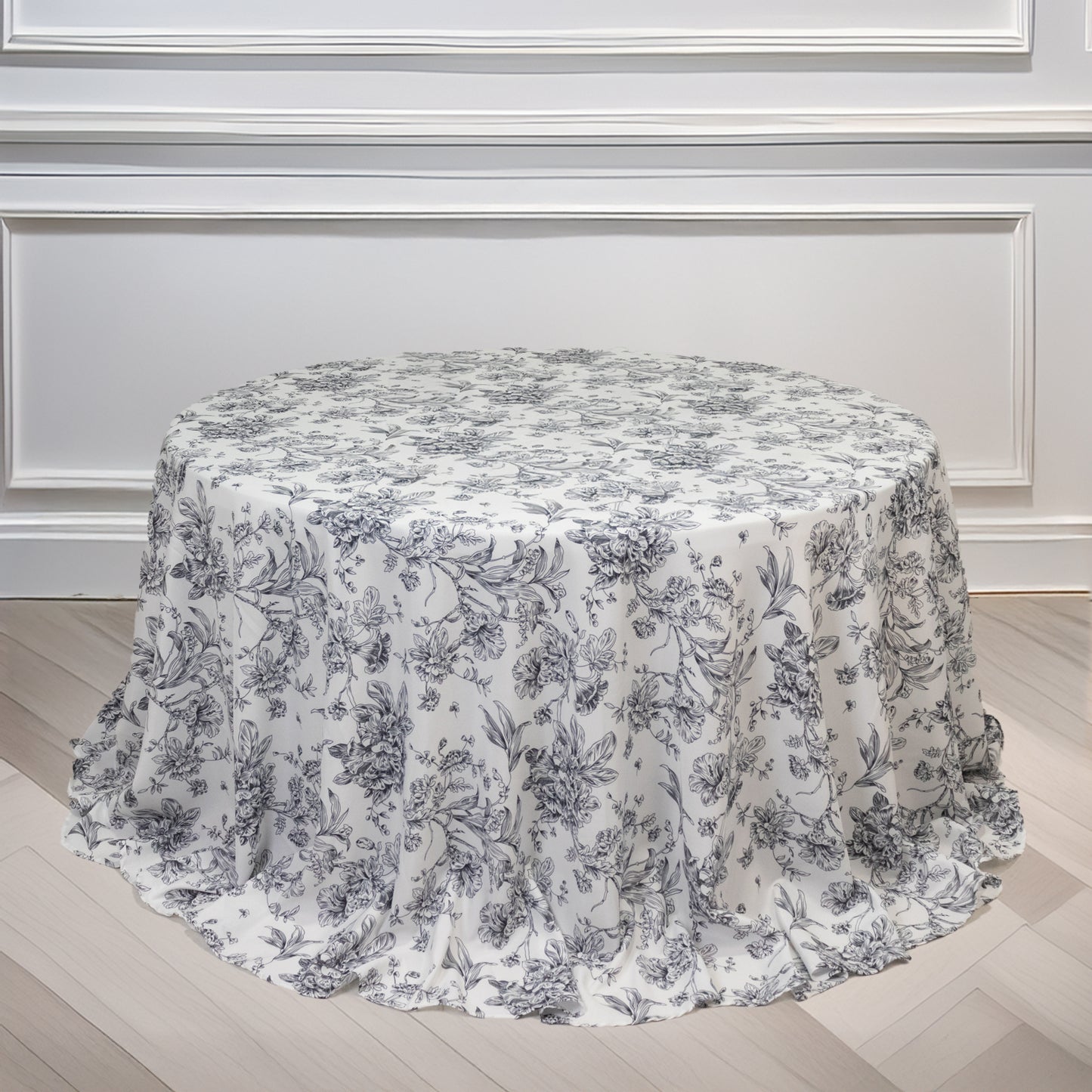 Polyester 132" Round Tablecloth White - Black French Toile Pattern for Chic Weddings