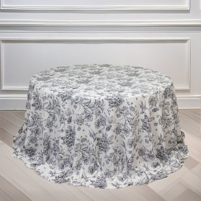 Polyester Round Tablecloth 132" White with Black French Toile Pattern
