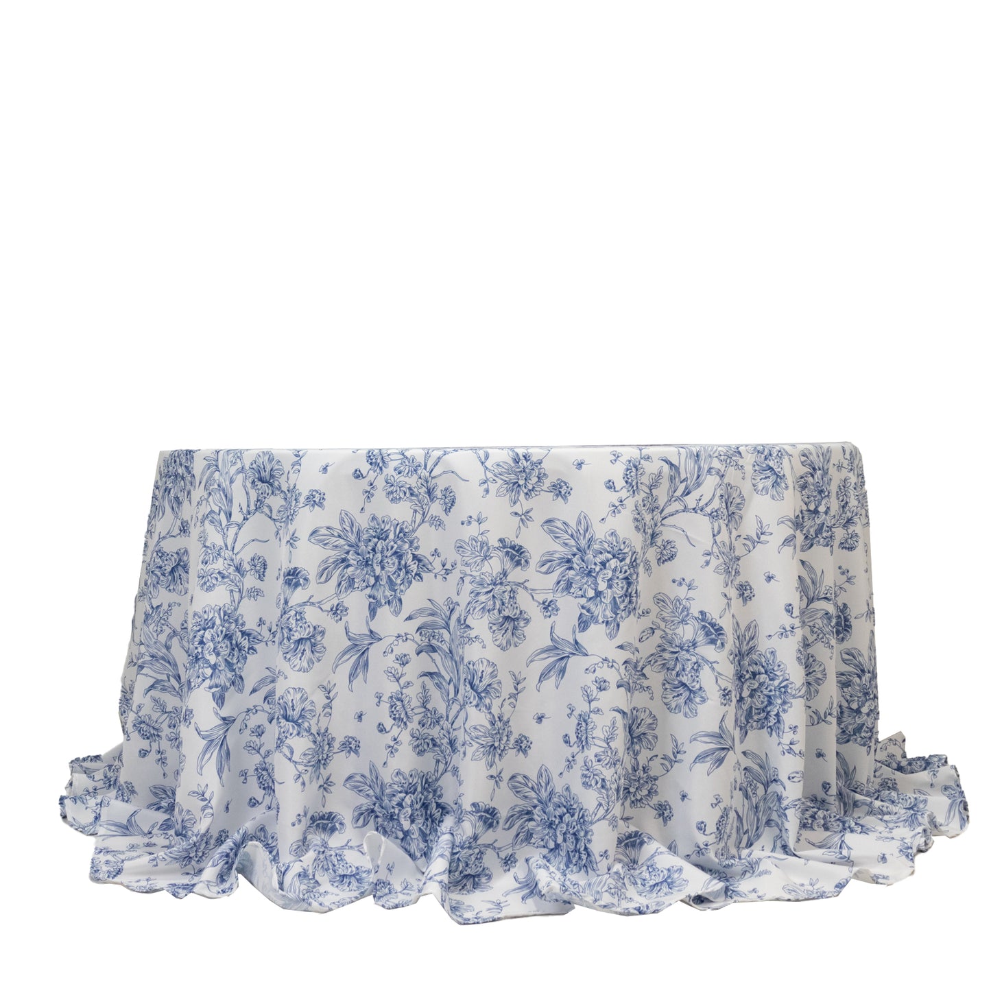Polyester 132" Round Tablecloth White - Blue French Toile Pattern for Chic Weddings