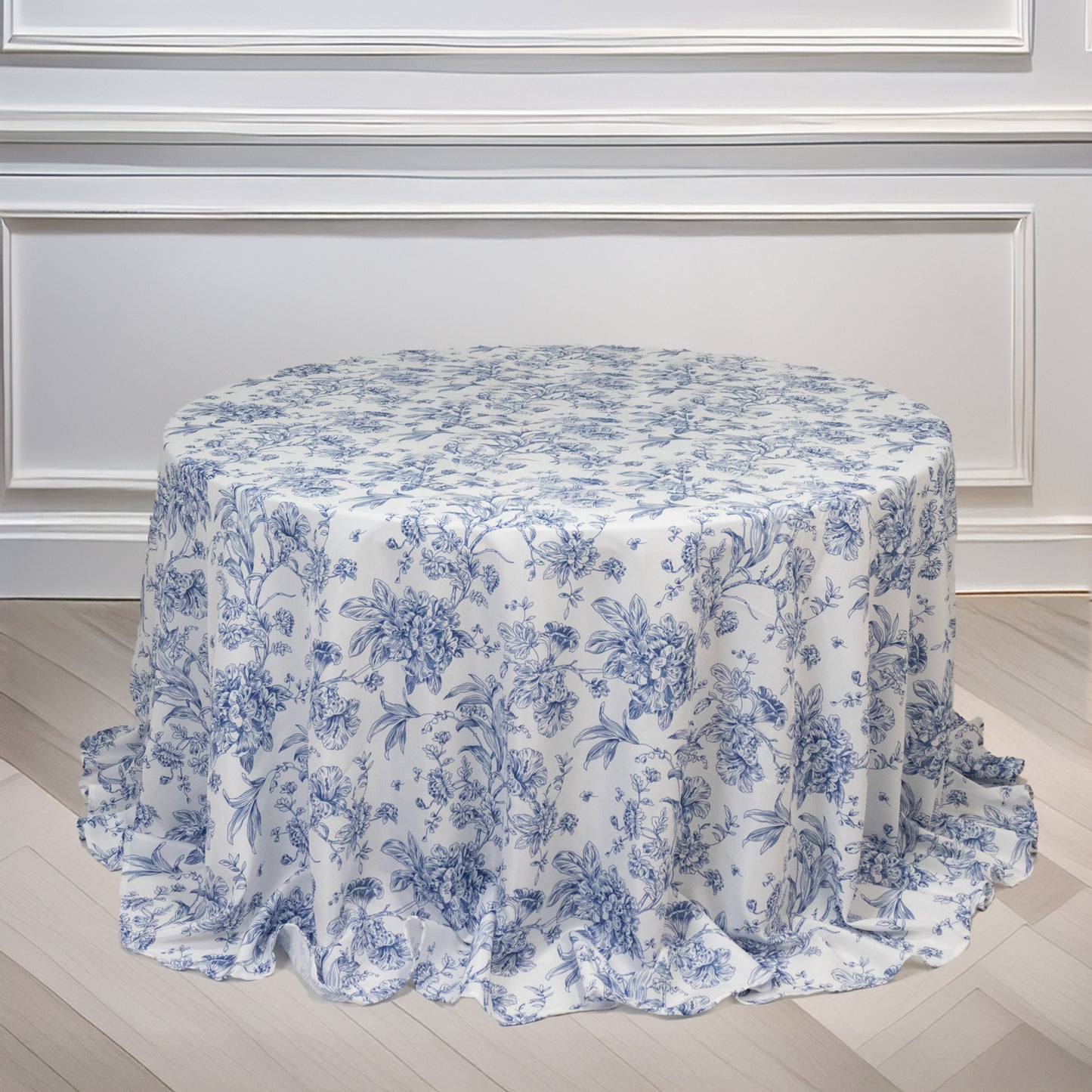 Polyester 132" Round Tablecloth White - Blue French Toile Pattern for Chic Weddings