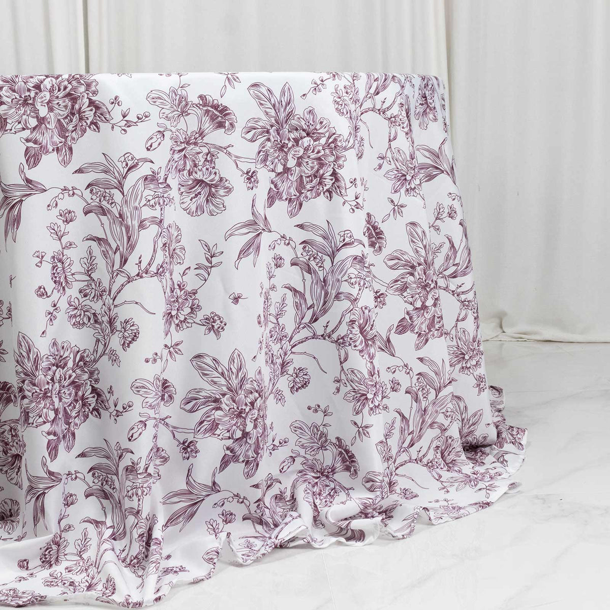 Polyester 132" Round Tablecloth White - Burgundy French Toile Pattern for Chic Weddings