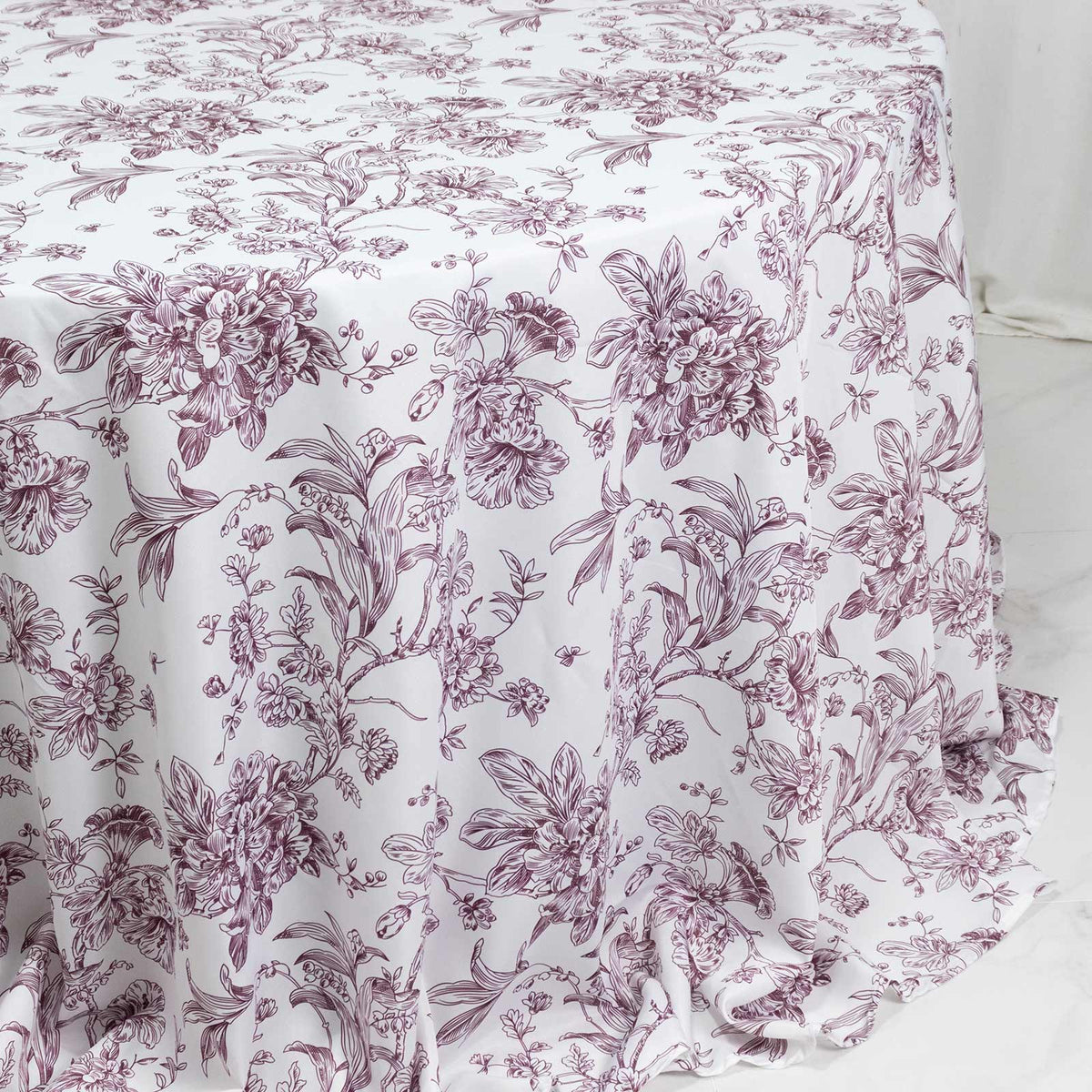 Polyester 132" Round Tablecloth White - Burgundy French Toile Pattern for Chic Weddings