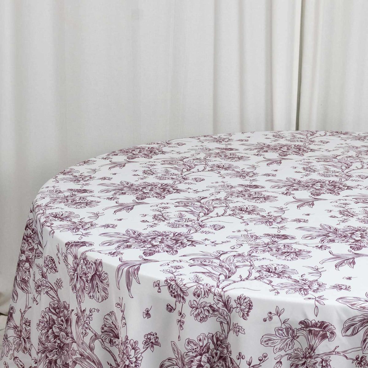 Polyester 132" Round Tablecloth White - Burgundy French Toile Pattern for Chic Weddings