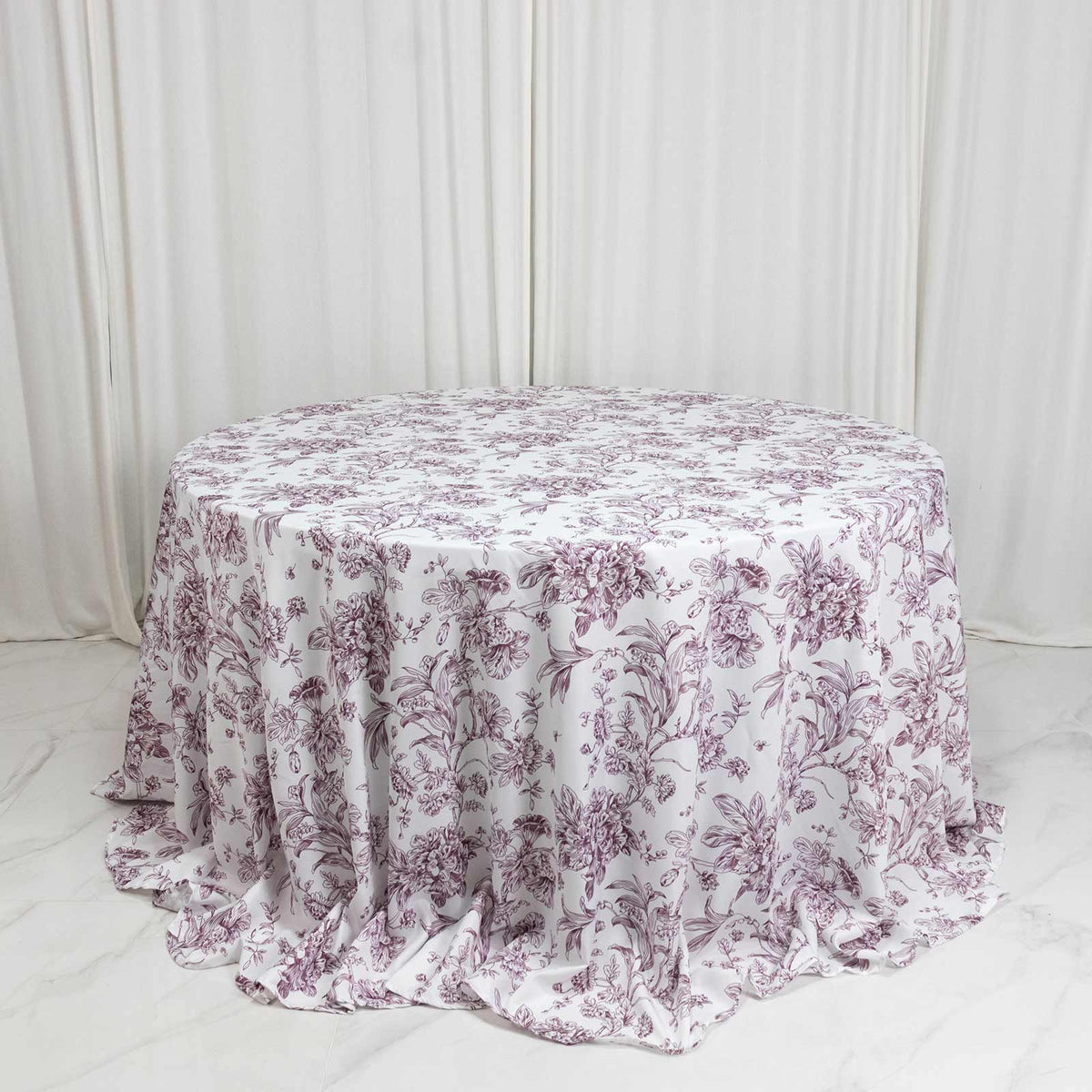 Polyester 132" Round Tablecloth White - Burgundy French Toile Pattern for Chic Weddings