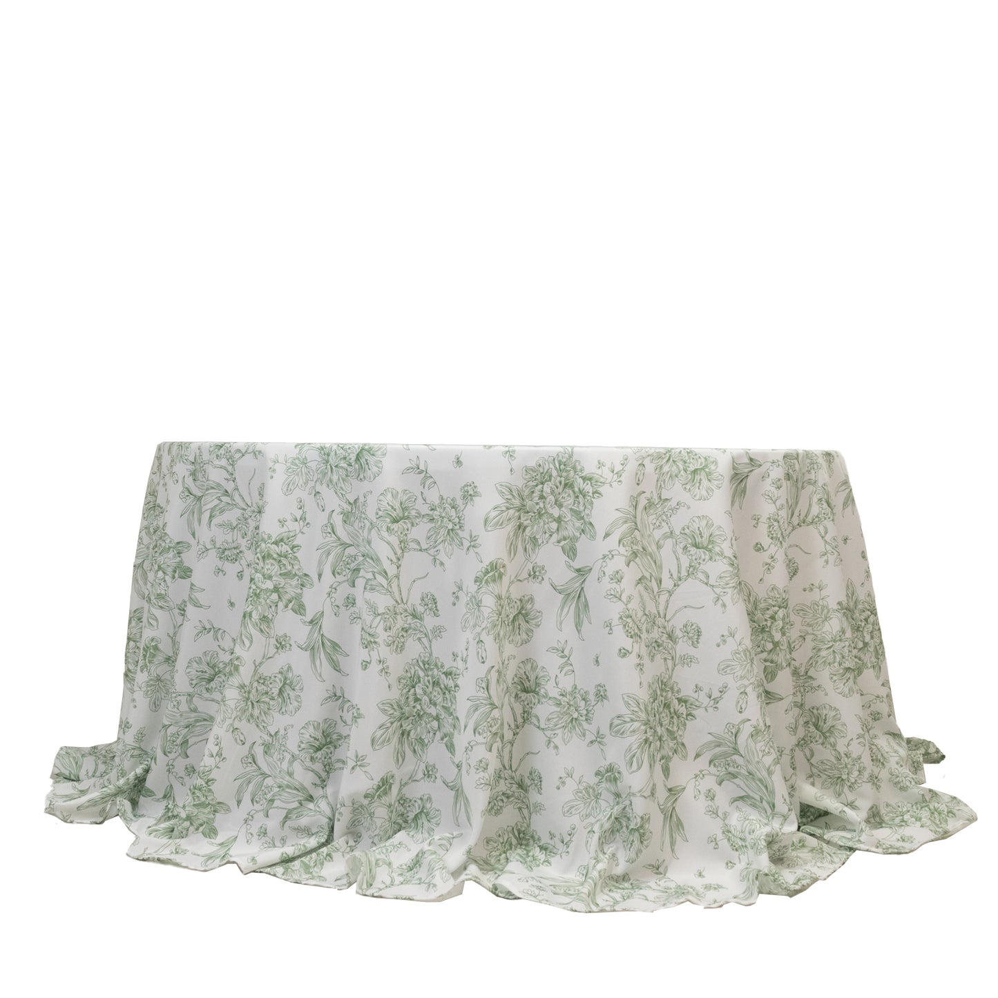 Polyester 132" Round Tablecloth White - Dusty Sage Green French Toile Pattern for Chic Weddings