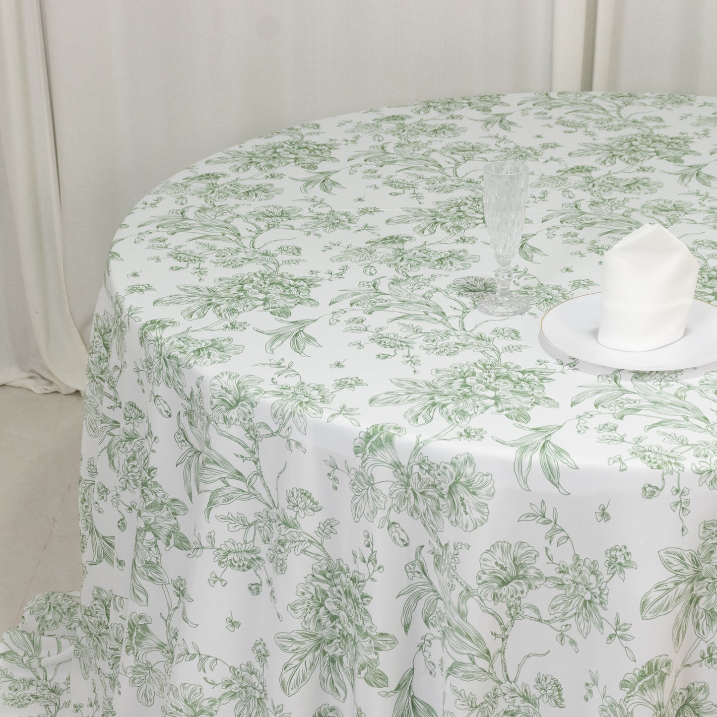 Polyester 132" Round Tablecloth White - Dusty Sage Green French Toile Pattern for Chic Weddings