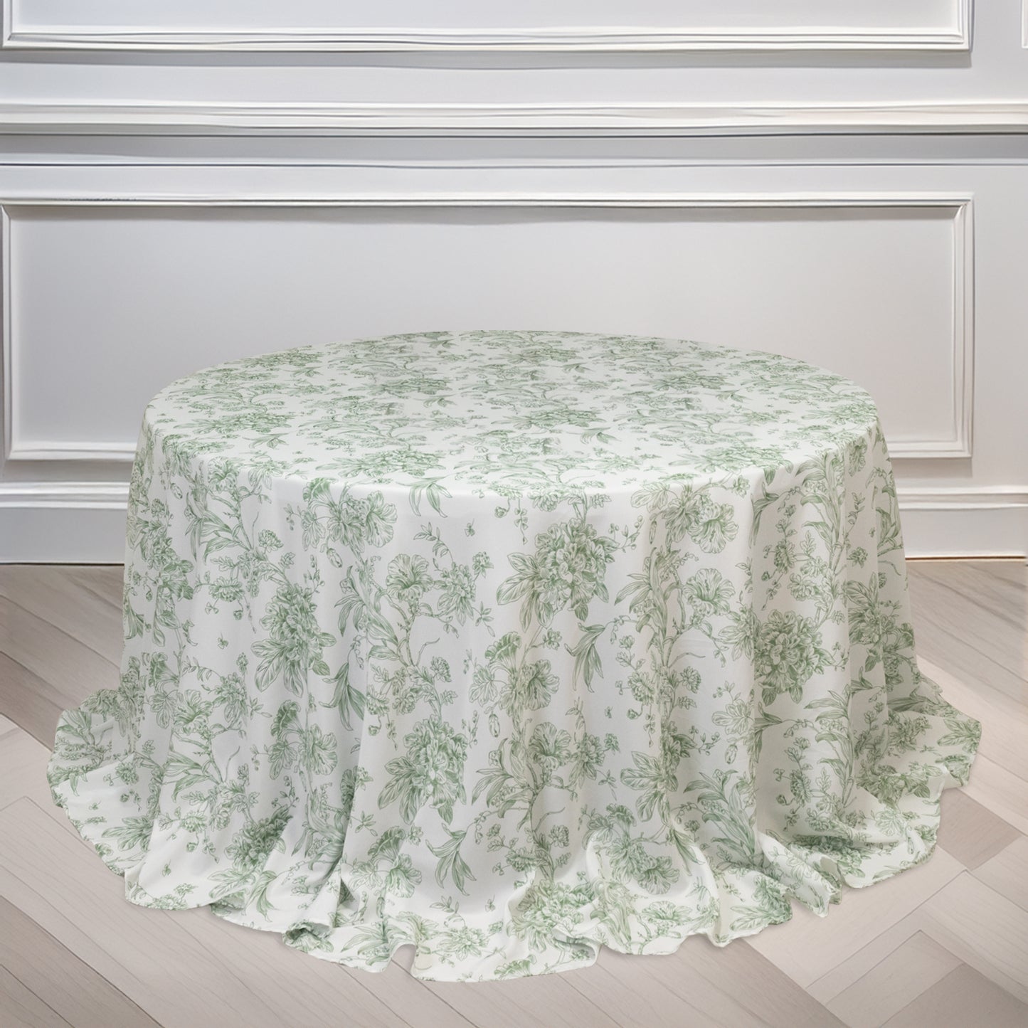 Polyester 132" Round Tablecloth White - Dusty Sage Green French Toile Pattern for Chic Weddings