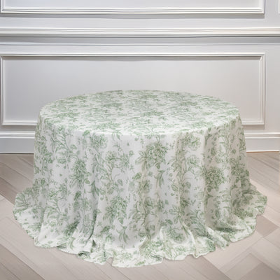 Polyester Round Tablecloth 132" White with Dusty Sage Green French Toile Pattern
