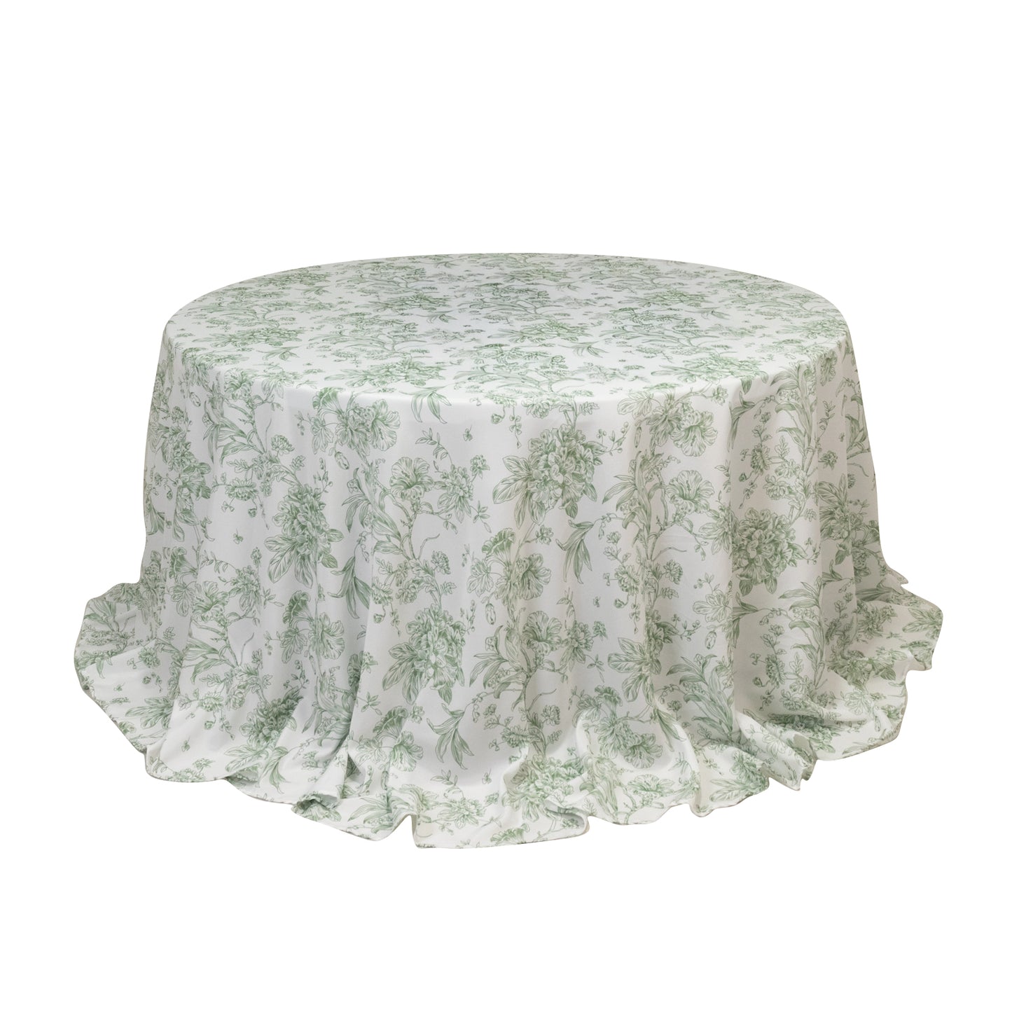 Polyester 132" Round Tablecloth White - Dusty Sage Green French Toile Pattern for Chic Weddings