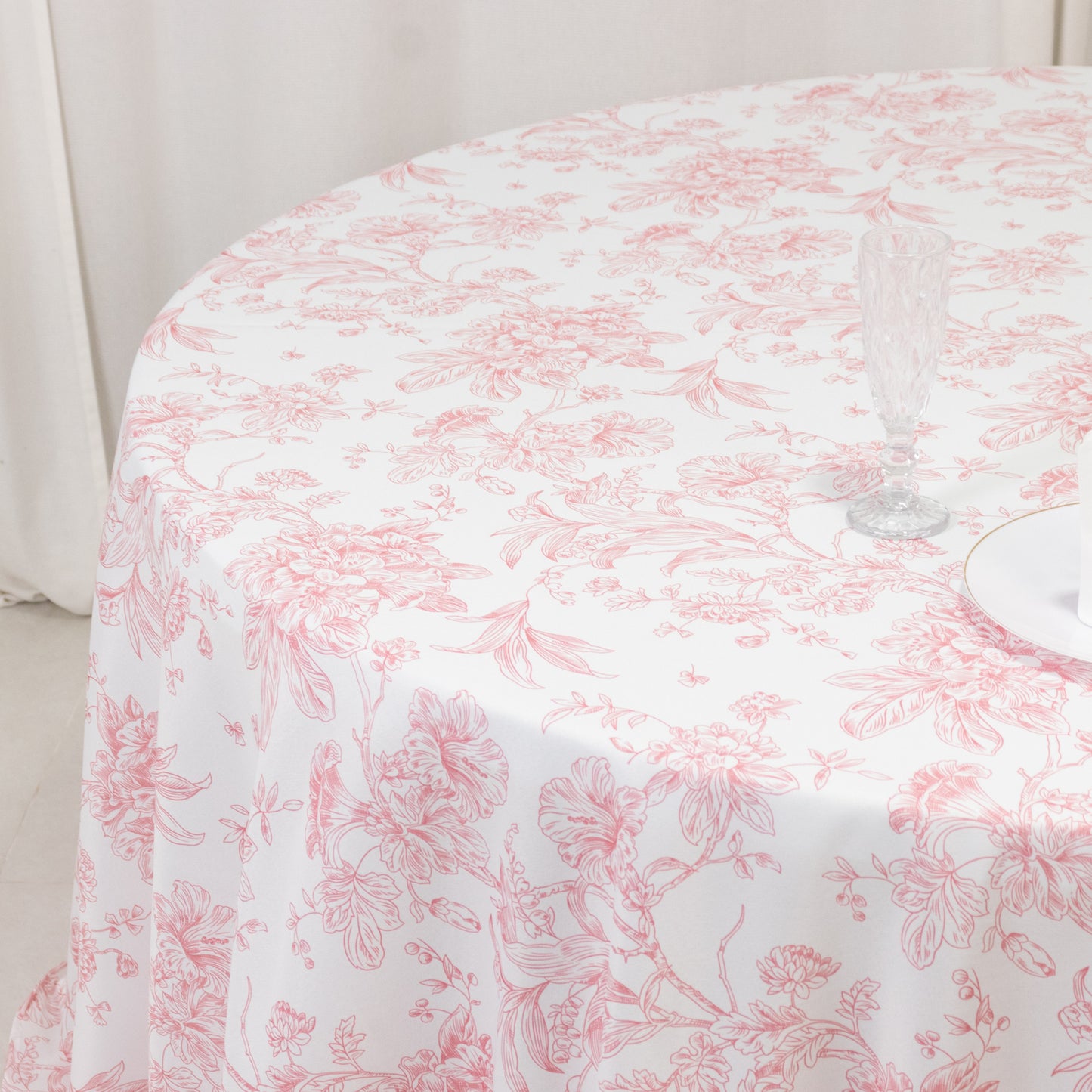 Polyester 132" Round Tablecloth White - Pink French Toile Pattern for Chic Weddings