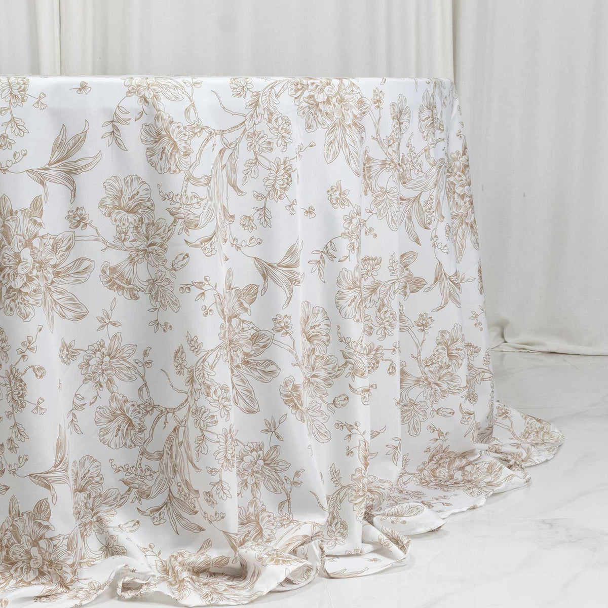 Polyester 132" Round Tablecloth White - Taupe French Toile Pattern for Chic Weddings