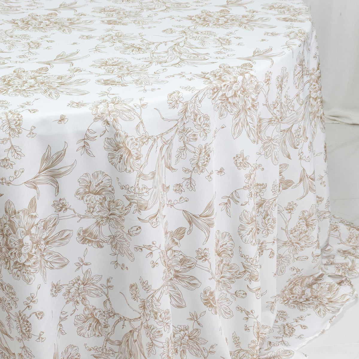 Polyester 132" Round Tablecloth White - Taupe French Toile Pattern for Chic Weddings