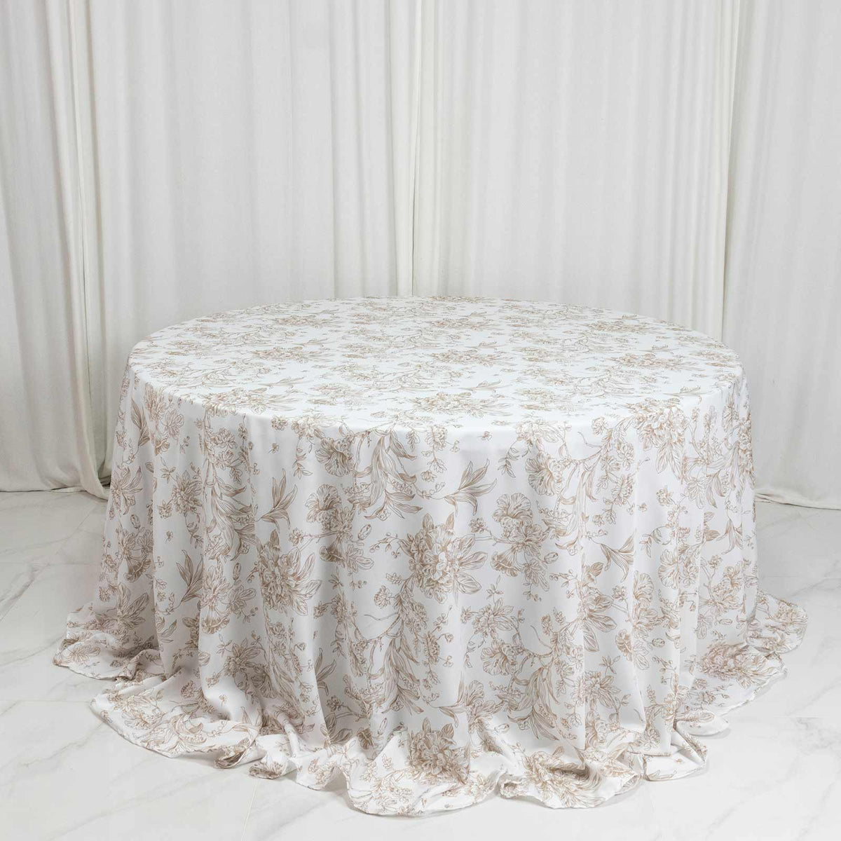 Polyester 132" Round Tablecloth White - Taupe French Toile Pattern for Chic Weddings