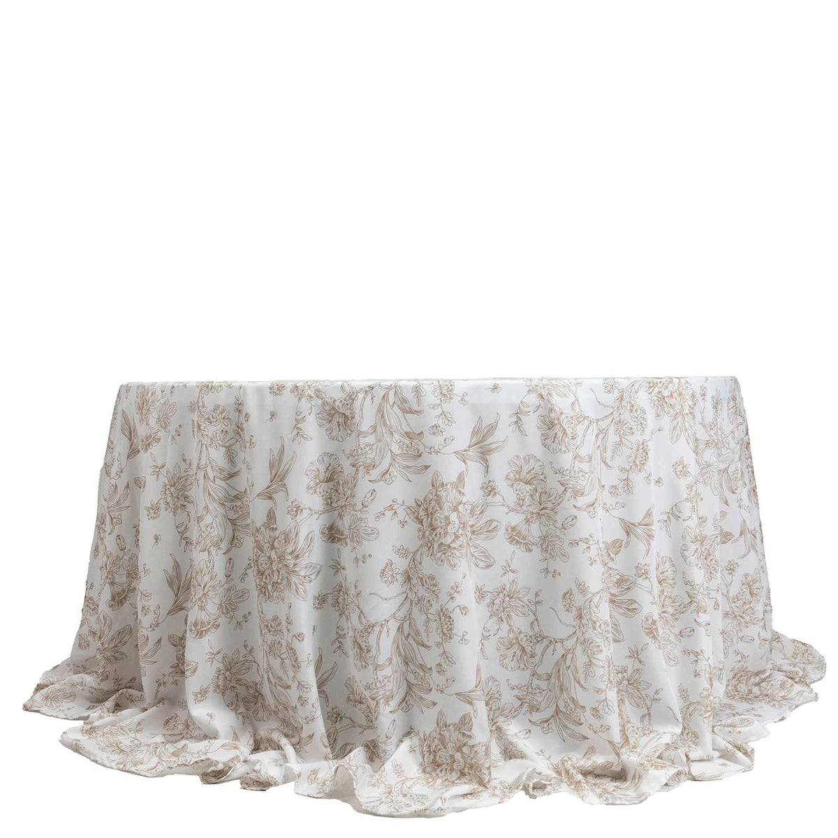 Polyester 132" Round Tablecloth White - Taupe French Toile Pattern for Chic Weddings