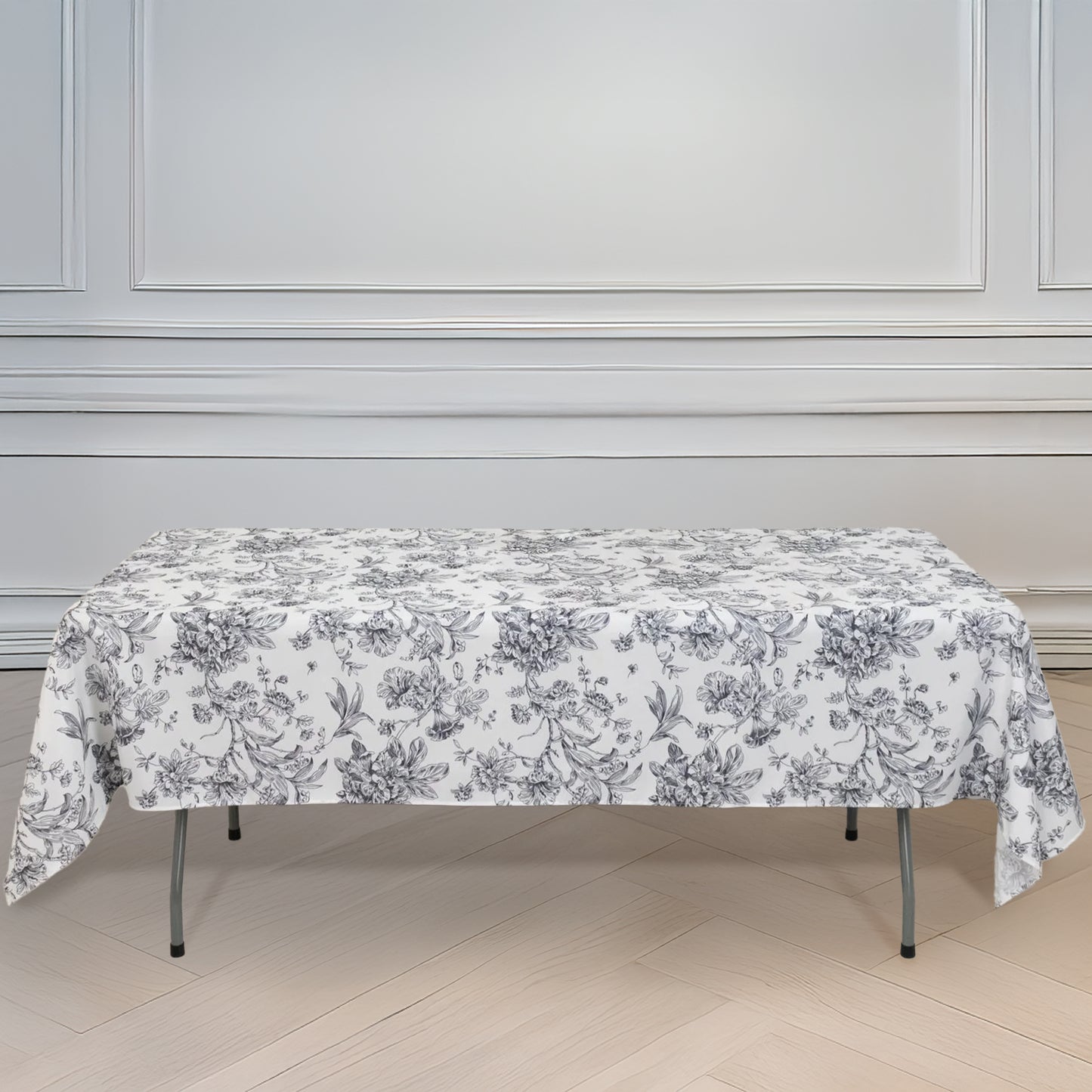 Polyester 60"x102" Rectangle Tablecloth White - Black French Toile Pattern for Elegant Gatherings