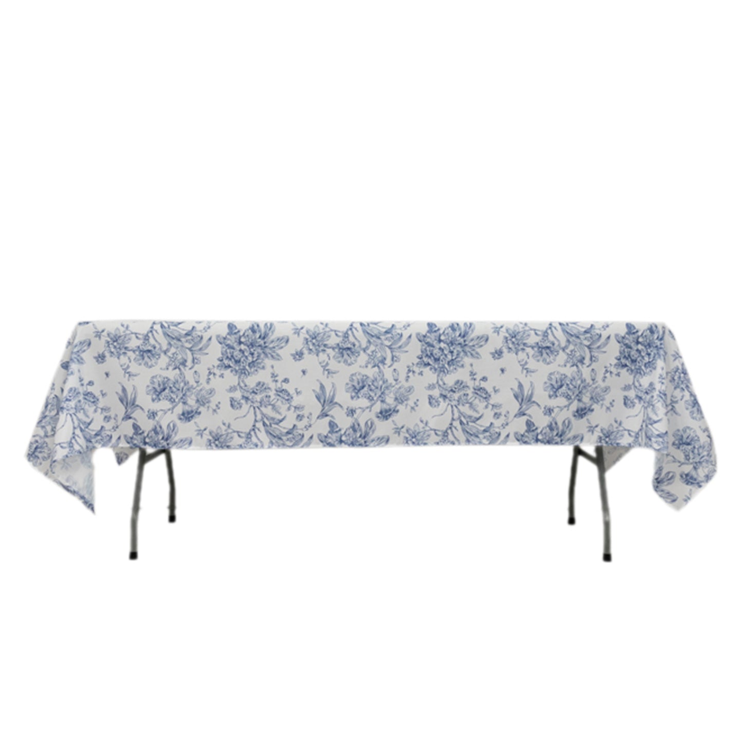 60"x102" White Blue French Toile Polyester Tablecloth, Floral Table Cloth for Dining Tables