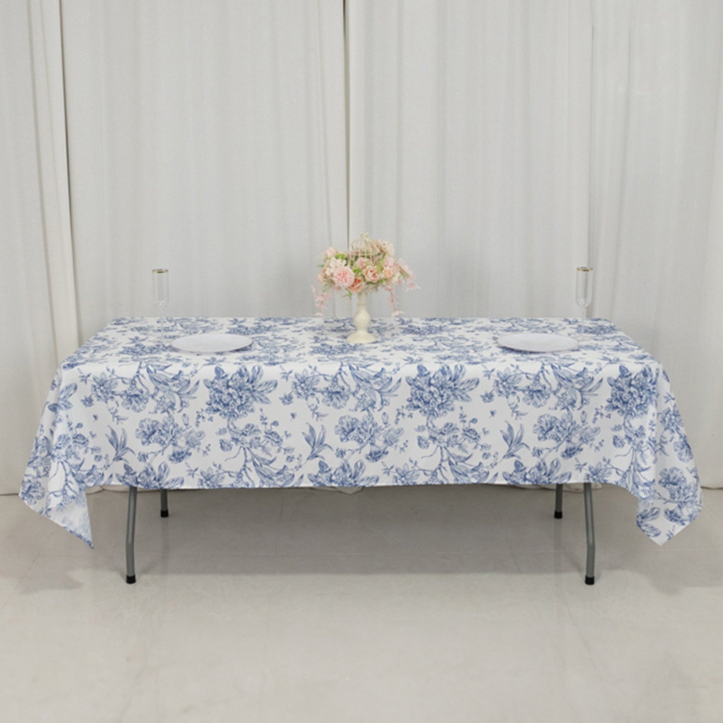 60"x102" White Blue French Toile Polyester Tablecloth, Floral Table Cloth for Dining Tables