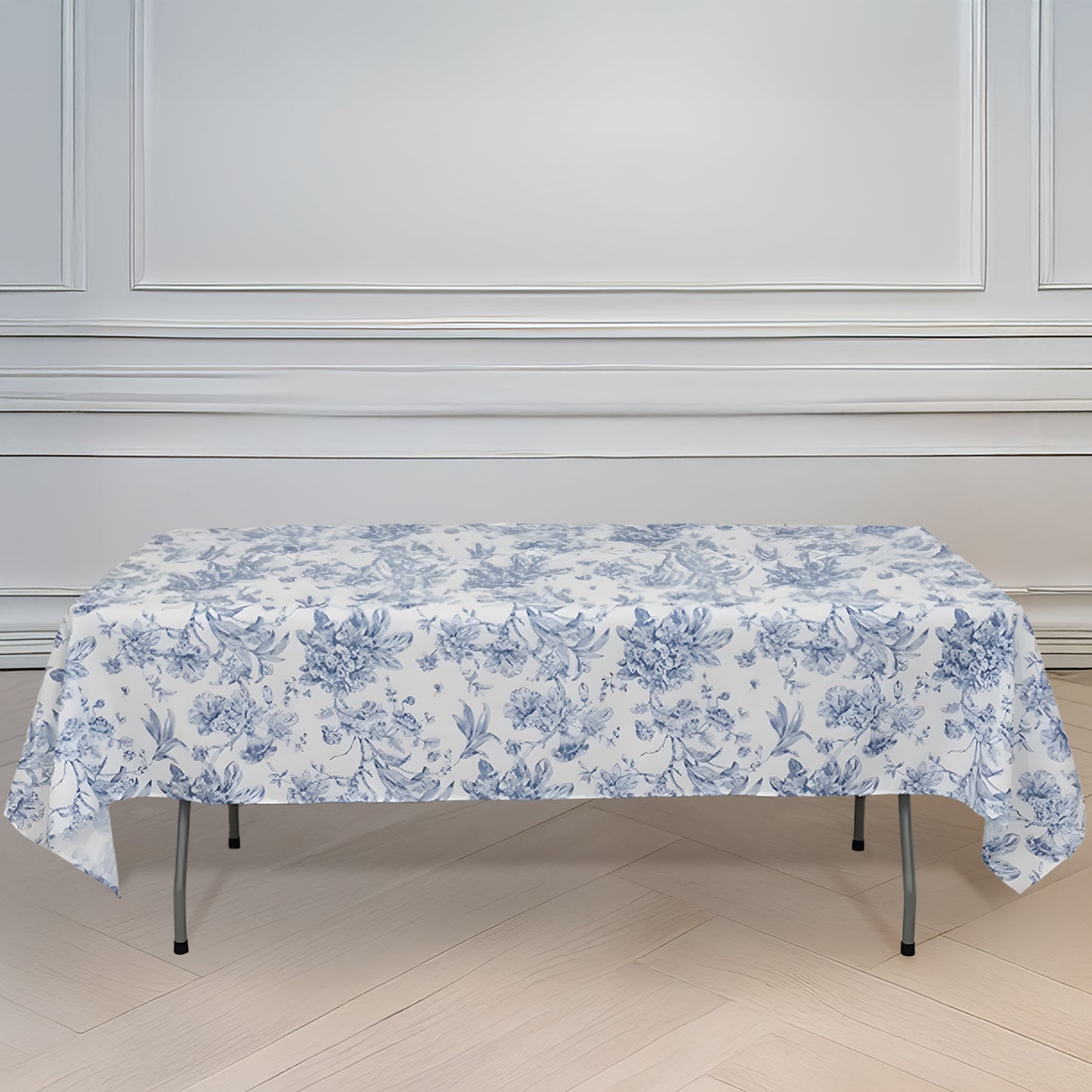 60"x102" White Blue French Toile Polyester Tablecloth, Floral Table Cloth for Dining Tables
