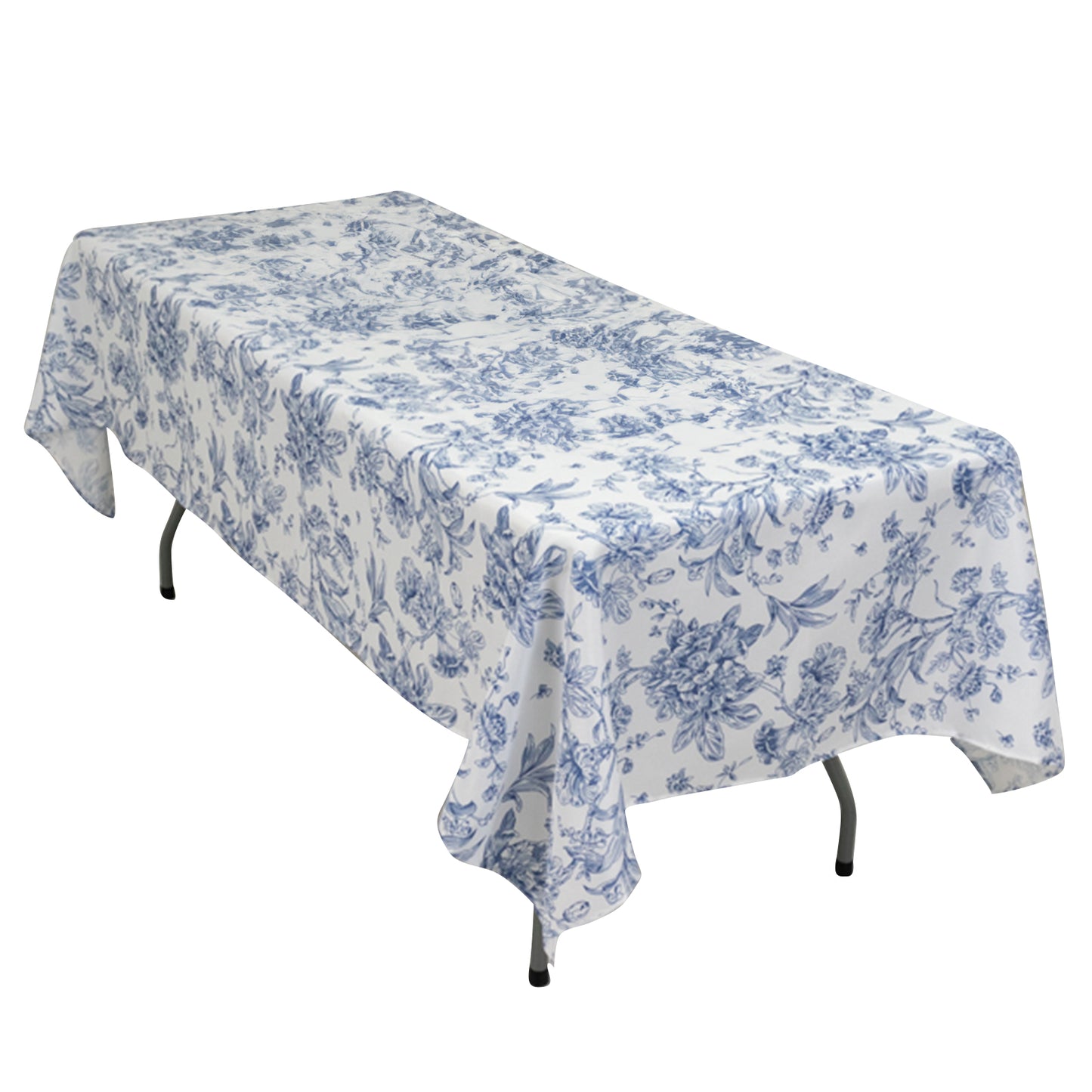 60"x102" White Blue French Toile Polyester Tablecloth, Floral Table Cloth for Dining Tables