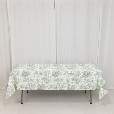 Polyester Rectangular Tablecloth 60"x102" White with Dusty Sage Green French Toile Pattern