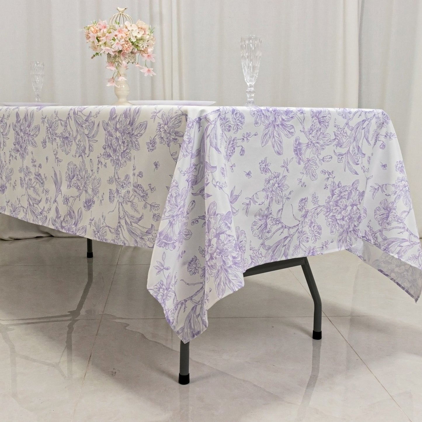 Polyester 60"x102" Rectangle Tablecloth White - Lavender Lilac French Toile Pattern for Elegant Gatherings