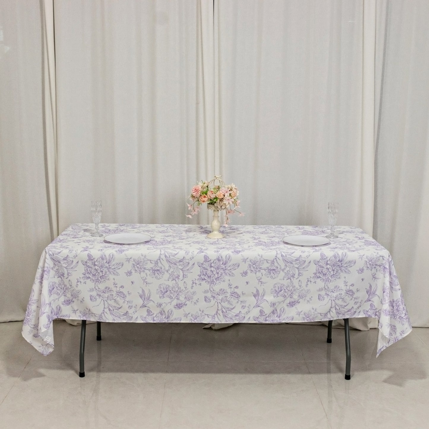 Polyester 60"x102" Rectangle Tablecloth White - Lavender Lilac French Toile Pattern for Elegant Gatherings