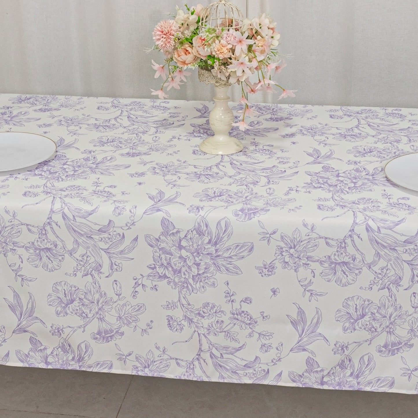 Polyester 60"x102" Rectangle Tablecloth White - Lavender Lilac French Toile Pattern for Elegant Gatherings