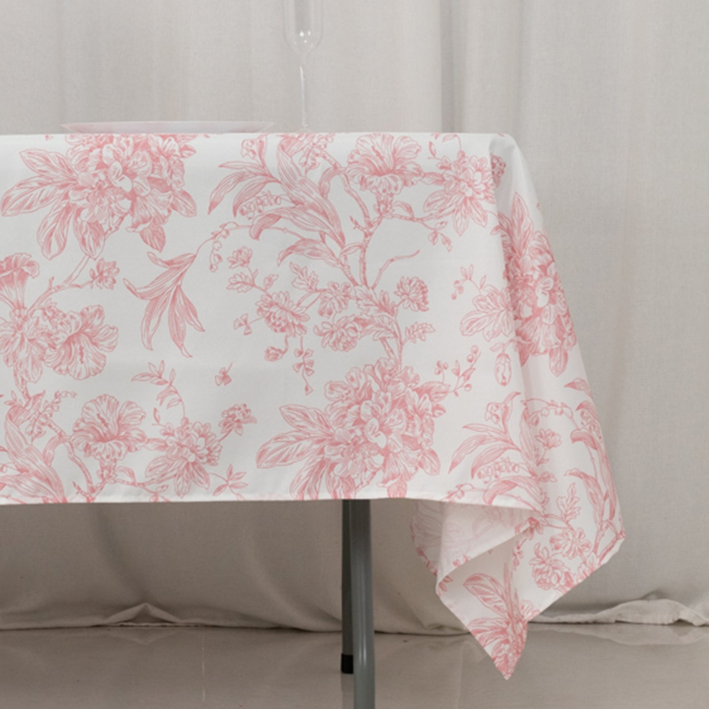 60"x102" White Pink French Toile Polyester Tablecloth, Floral Table Cloth for Dining Tables