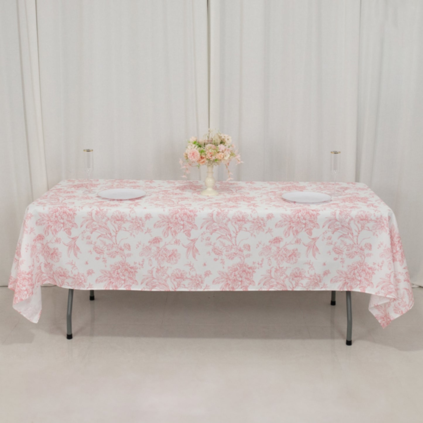 60"x102" White Pink French Toile Polyester Tablecloth, Floral Table Cloth for Dining Tables