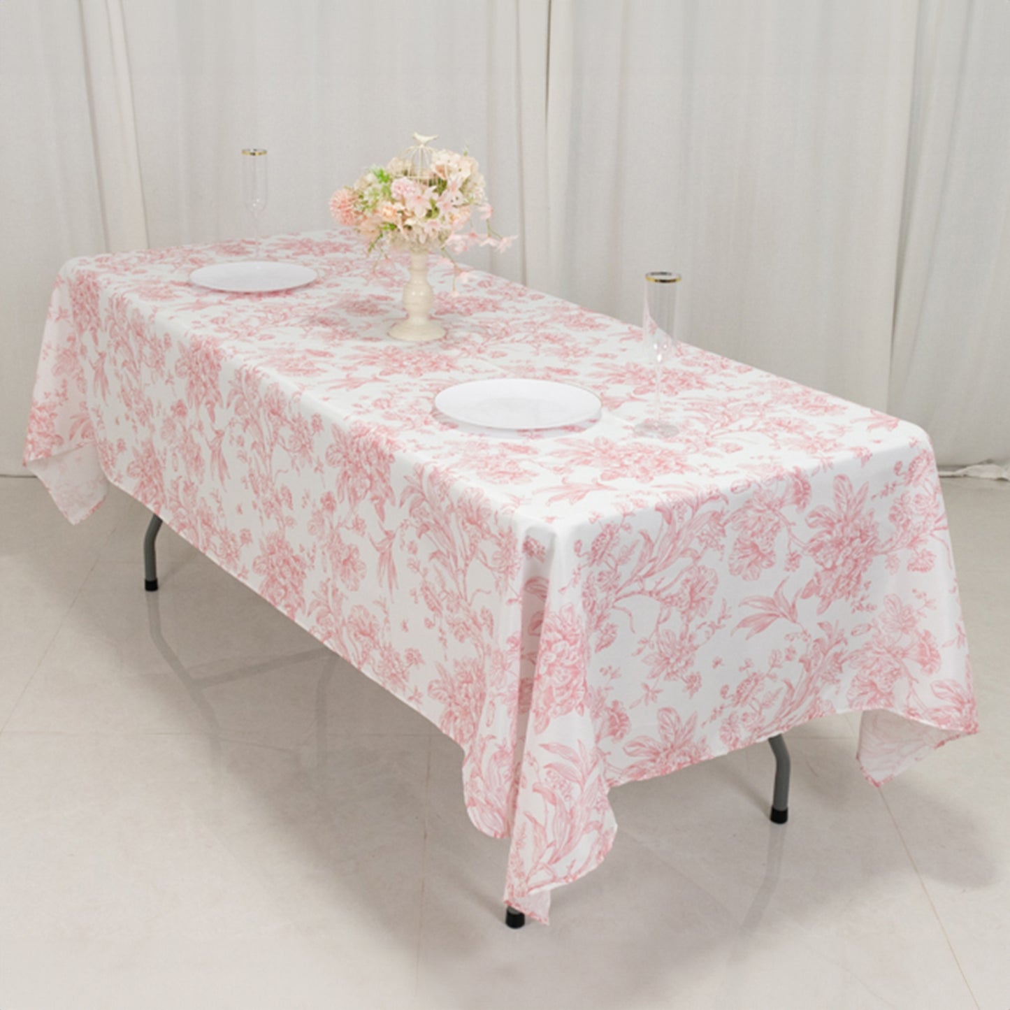 60"x102" White Pink French Toile Polyester Tablecloth, Floral Table Cloth for Dining Tables