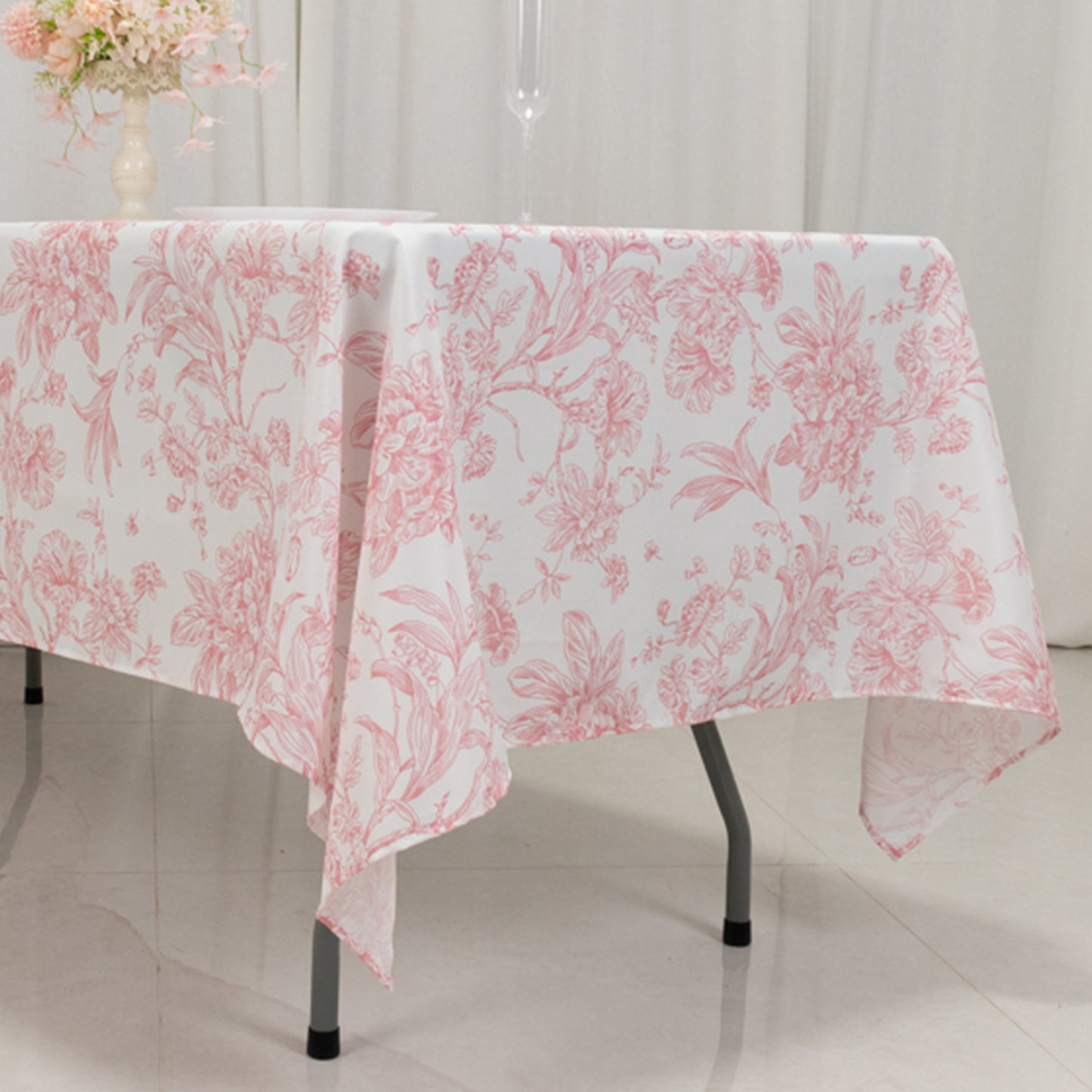 60"x102" White Pink French Toile Polyester Tablecloth, Floral Table Cloth for Dining Tables