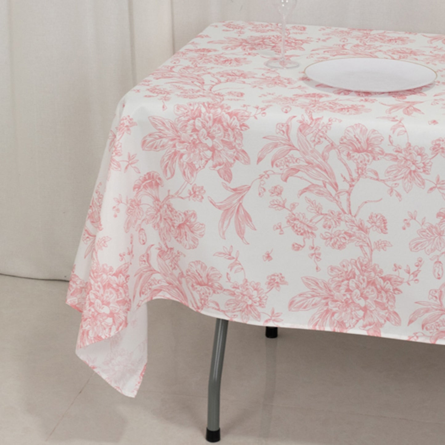 60"x102" White Pink French Toile Polyester Tablecloth, Floral Table Cloth for Dining Tables