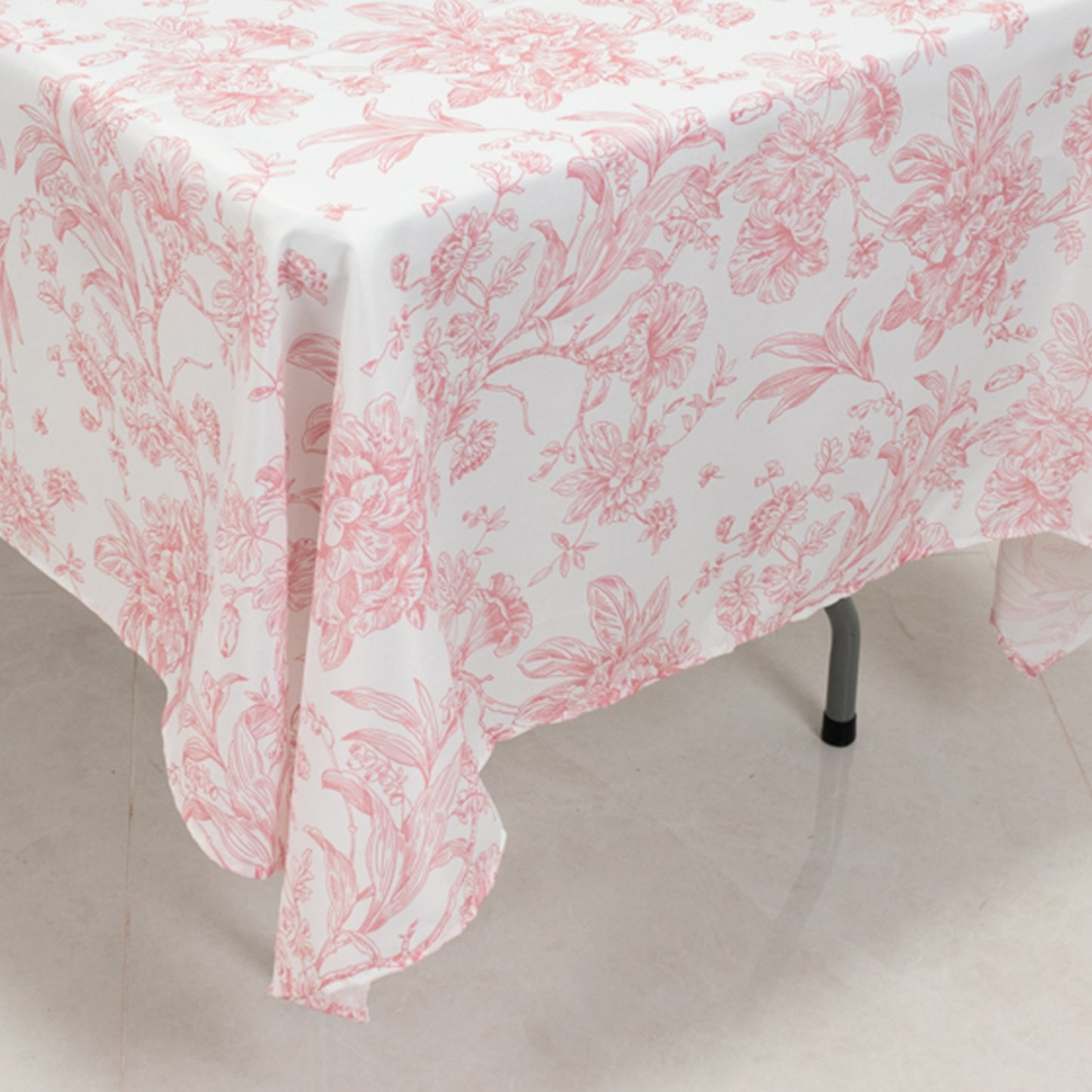 60"x102" White Pink French Toile Polyester Tablecloth, Floral Table Cloth for Dining Tables