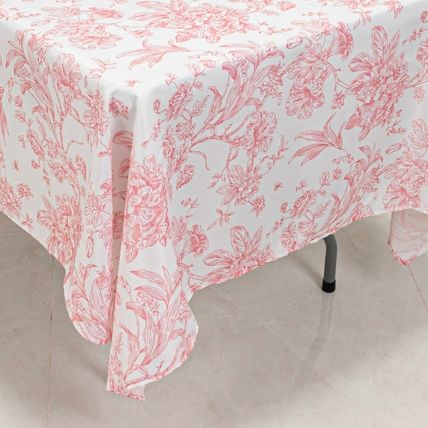60"x102" White Pink French Toile Polyester Tablecloth, Floral Table Cloth for Dining Tables