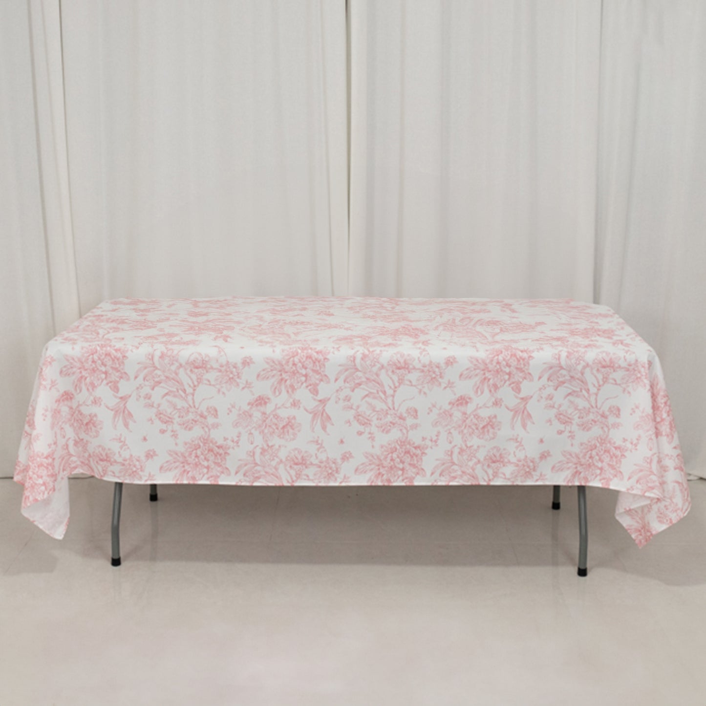 60"x102" White Pink French Toile Polyester Tablecloth, Floral Table Cloth for Dining Tables