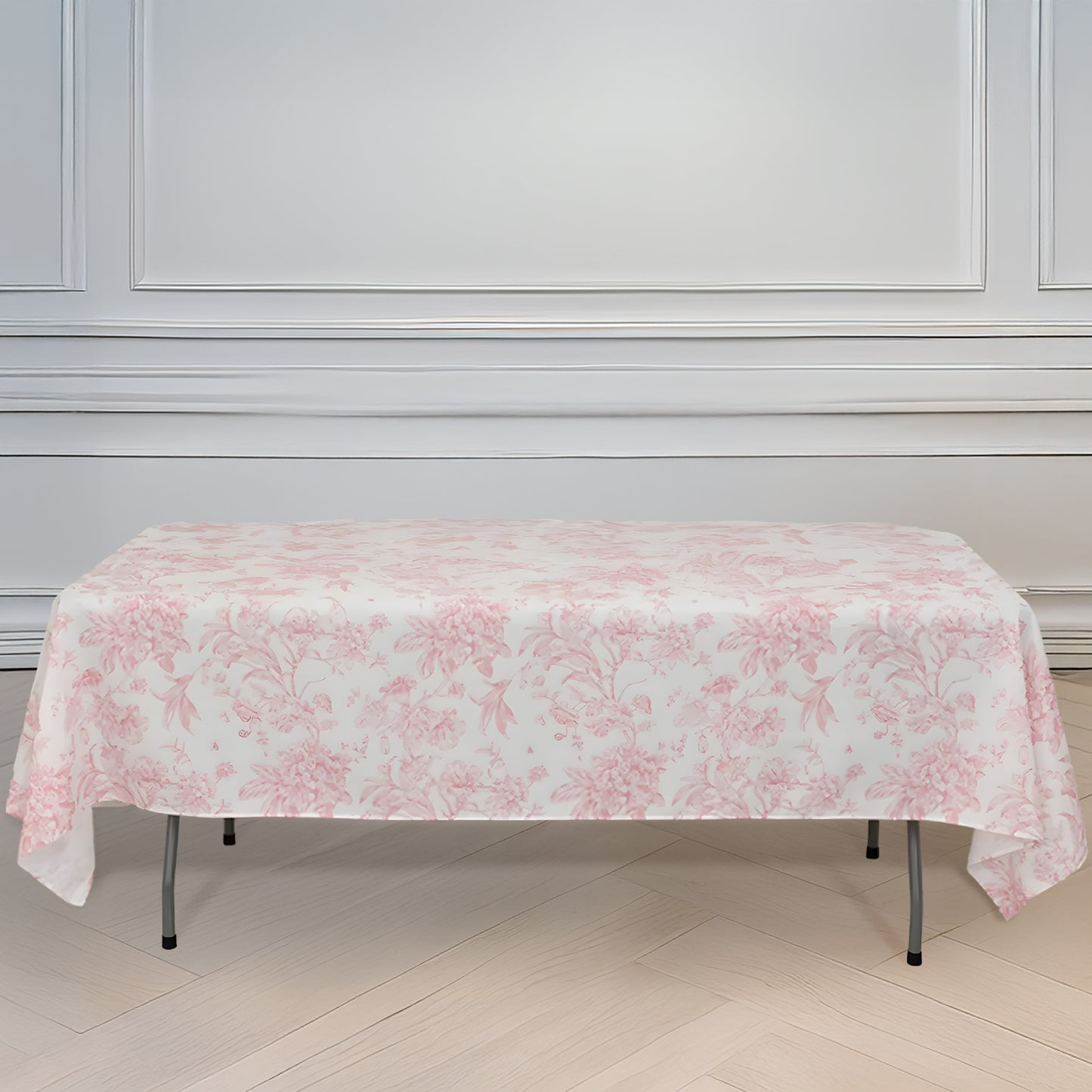 60"x102" White Pink French Toile Polyester Tablecloth, Floral Table Cloth for Dining Tables