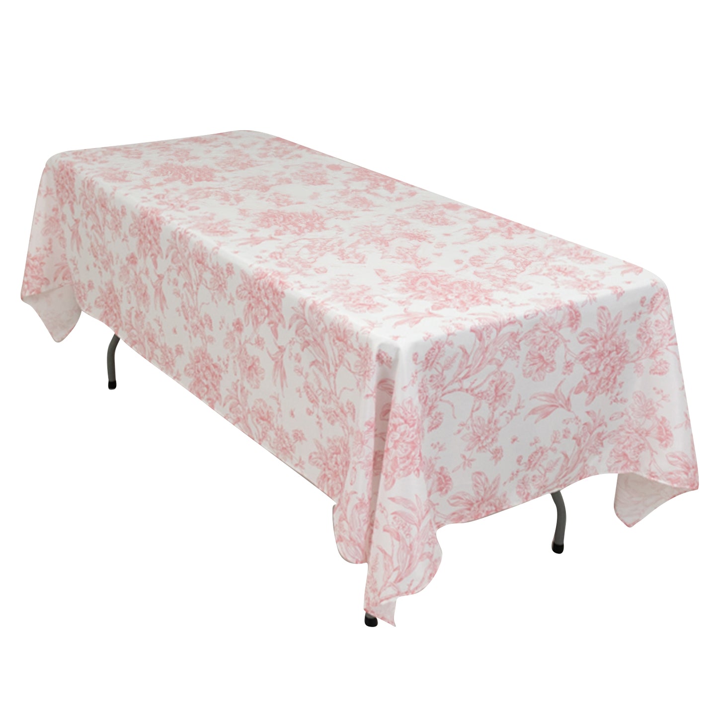 60"x102" White Pink French Toile Polyester Tablecloth, Floral Table Cloth for Dining Tables