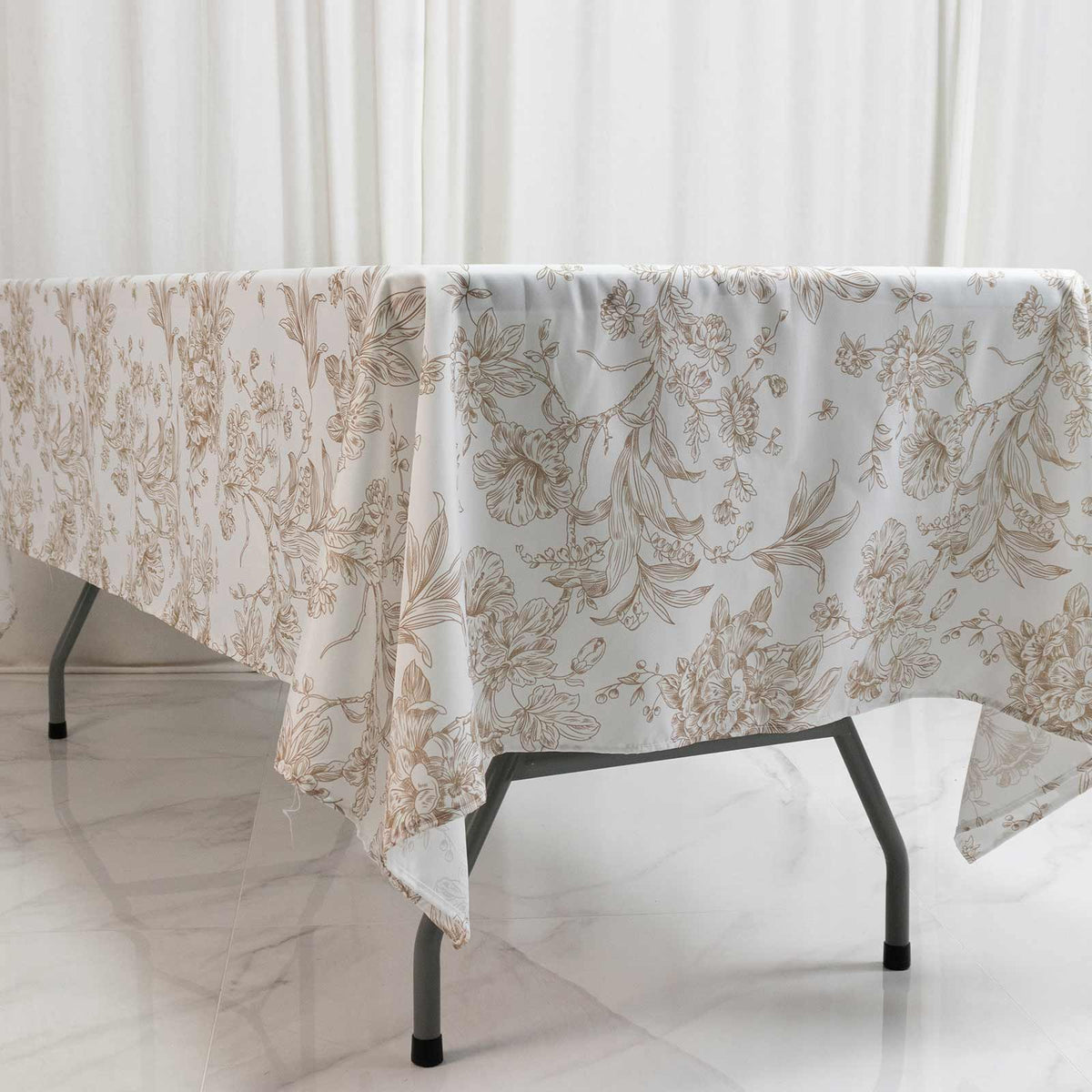 Polyester 60"x102" Rectangle Tablecloth White - Taupe French Toile Pattern for Modern Occasions