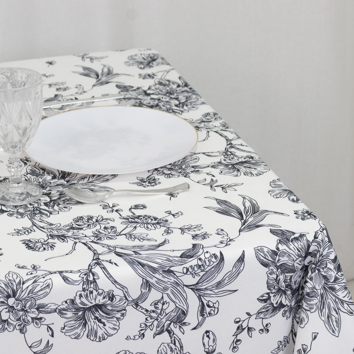Polyester 70"x70" Square Tablecloth White - Black French Toile Pattern for Elegant Occasions