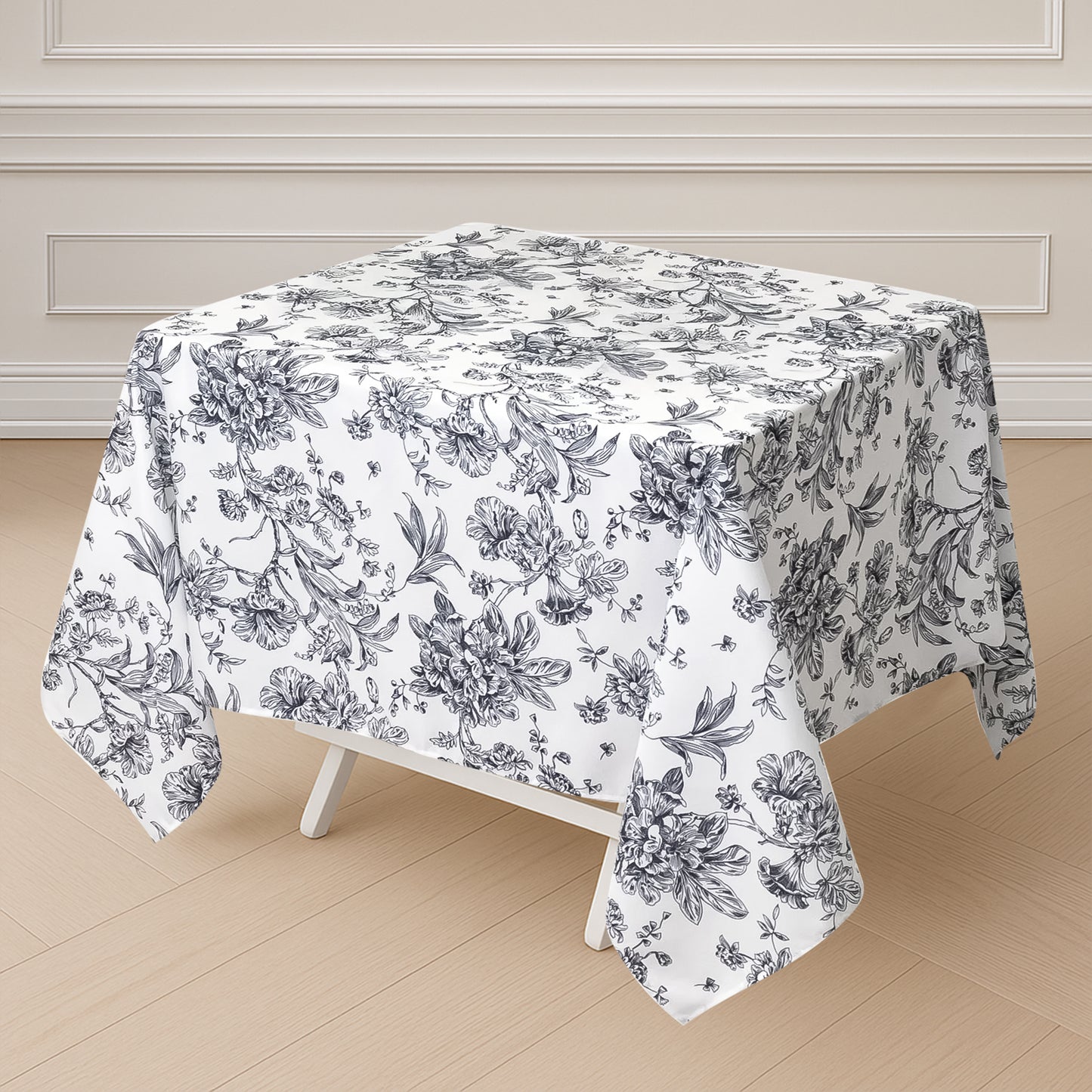 Polyester 70"x70" Square Tablecloth White - Black French Toile Pattern for Elegant Occasions
